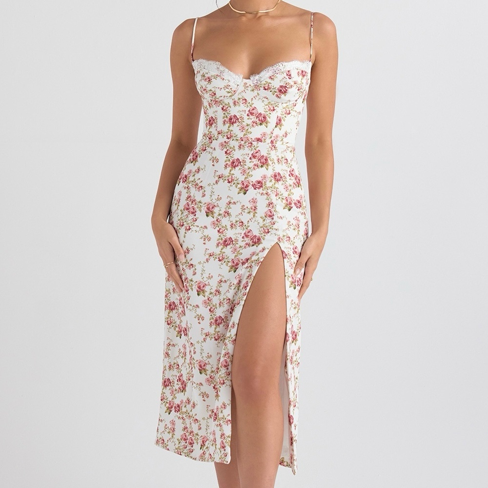 House of cb Charlotte Floral Rose Print Corset Midi Sundress size Medium